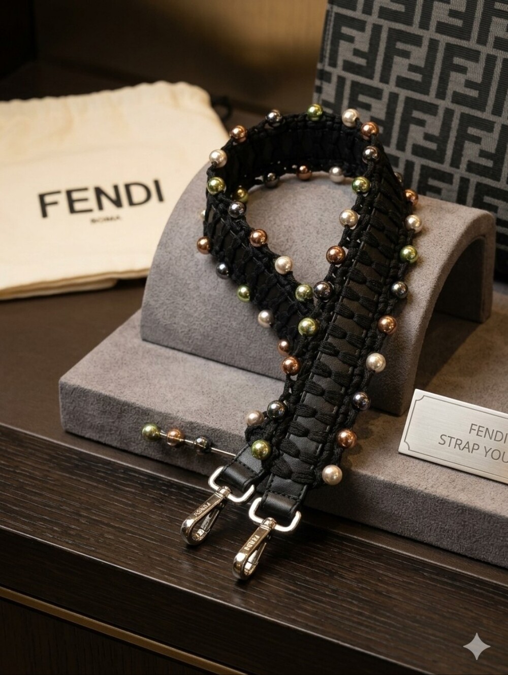 Fendi Black Braided Strap with Multitone Metallic Beads